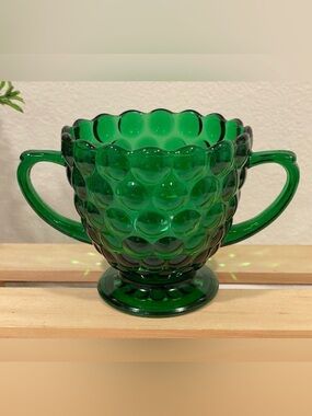 Anchor Hocking Vintage Green Bubble Glass Handled Open Sugar Bowl | Single | EUC